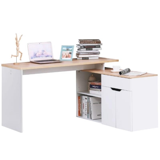 SCRIVANIA ANGOLARE CON LIBRERIA A 2 RIPIANI ARMADIETTO E CASSETTO 140X117X76 CM COLOR LEGNO E BIANCO