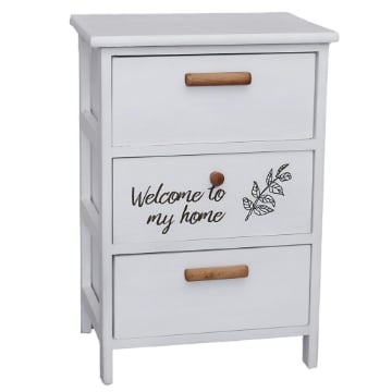 MA-MAISON MOBILE DA ARREDO IN LEGNO BIANCO CON 3 CASSETTI E SCRITTA WELCOME DIMENSIONI 40 X 29 X 58H CM