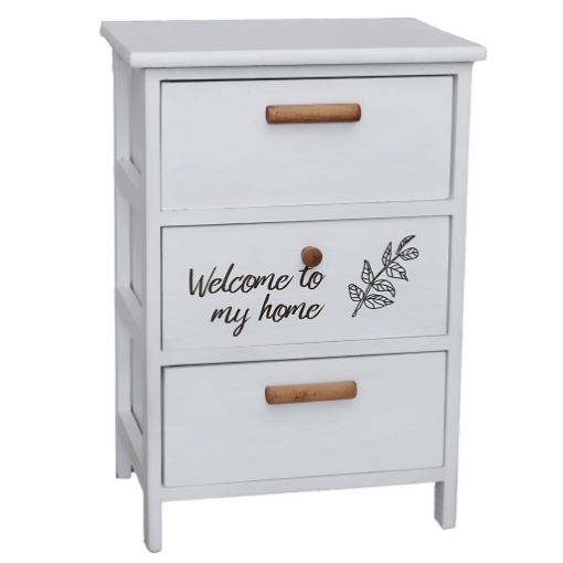 MA-MAISON MOBILE DA ARREDO IN LEGNO BIANCO CON 3 CASSETTI E SCRITTA WELCOME DIMENSIONI 40 X 29 X 58H CM
