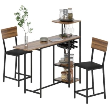 SET BANCONE BAR PIEGHEVOLE E 2 SGABELLI ALTI CON SCHIENALE PORTAVINI E PORTACALICI MARRONE