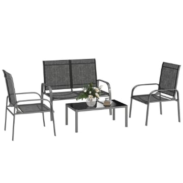 SET DA ESTERNO 4PZ CON TAVOLINO 2 SEDIE E DIVANETTO CON SCHIENALE REGOLABILE IN ACCIAIO E TEXTILENE NERO