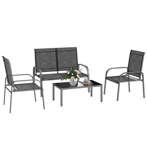 SET DA ESTERNO 4PZ CON TAVOLINO 2 SEDIE E DIVANETTO CON SCHIENALE REGOLABILE IN ACCIAIO E TEXTILENE NERO