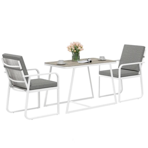 SET DA ESTERNO 3 PEZZI CON 2 SEDIE CON BRACCIOLI E CUSCINI E TAVOLO CON PIANO IN VETRO BIANCO