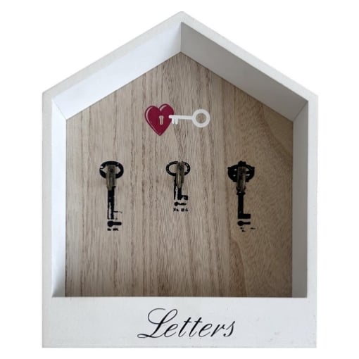 MA-MAISON BACHECA PORTACHIAVI DA PARETE IN LEGNO BICOLORE E CHIAVI DISEGNATE CON 3 GANCI DIMENSIONI 22 X 27 CM