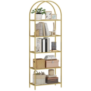 SCAFFALE PORTAOGGETTI AD ARCO A 5 RIPIANI IN ACCIAIO E VETRO TEMPERATO, 60X30X175 CM, ORO