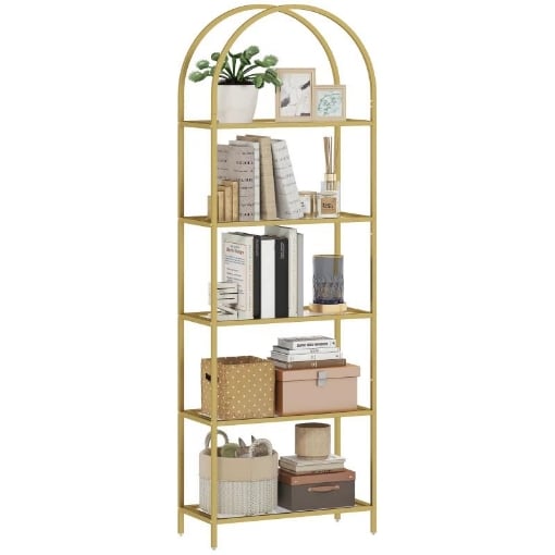 SCAFFALE PORTAOGGETTI AD ARCO A 5 RIPIANI IN ACCIAIO E VETRO TEMPERATO, 60X30X175 CM, ORO