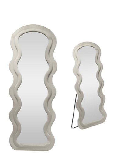 SPECCHIO ONDULATO IN VELLUTO BEIGE CON PIEDE E GANCI PER APPENDEREMISURE: 60X160CM
