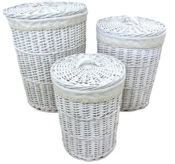 SET DI 3 CESTE PORTA BIANCHERIA TONDE IN VIMINI COLOR BIANCO MISURE: 42X58CM, 36X48CM, 30X40CM