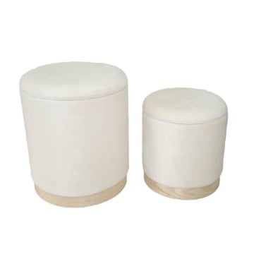 SET 2 POUF CONTENITORI IN VELLUTO BIANCO E CON DETTAGLIO IN LEGNO MISURE: 44/34H