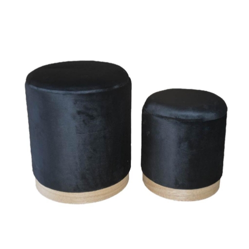 SET 2 POUF CONTENITORI IN VELLUTO NERO E CON DETTAGLIO IN LEGNO MISURE: 44/34H