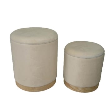 SET 2 POUF CONTENITORI IN VELLUTO BEIGE E CON DETTAGLIO IN LEGNO MISURE: 44/34H