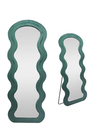 SPECCHIO ONDULATO IN VELLUTO VERDE CON PIEDE E GANCI PER APPENDERE MISURE: 60X160CM