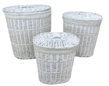 SET DI 3 CESTE PORTA BIANCHERIA OVALI IN VIMINI COLOR BIANCO MISURE: 50X37X56CM, 43X31X48CM, 35X25X40CM