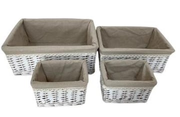 SET DI 4 CESTE PORTA BIANCHERIA RETTANGOLARI IN VIMINI COLOR BIANCO MISURE: 18X14X12CM, 34X24X14CM, 40X30X16CM