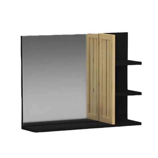 SPECCHIO DA BAGNO IN MDF NERO CON RPIANI E DETTAGLIO IN BAMBOO MISURE 45X59X15 CM