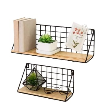 SET DI 2 MENSOLE IN MDF EFFETTO LEGNO CON STRUTTURA IN METALLO MISURE: 30X11X14,3CM, 15X12X15CM