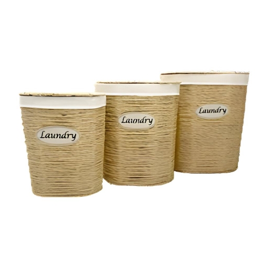 SET DI 4 CESTE PORTA BIANCHERIA OVALI IN VIMINI CON SCRITTA SUL DAVANTI LAUNDRY MISURE: 42X31X28CM, 37X26X26CM, 31X21X22CM