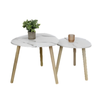 SET DI DUE TAVOLINI CON PIEDI IN LEGNO CHIARO E TOP IN MDF EFFETTO MARMO MISURE: 38X40CM, 48X45CM