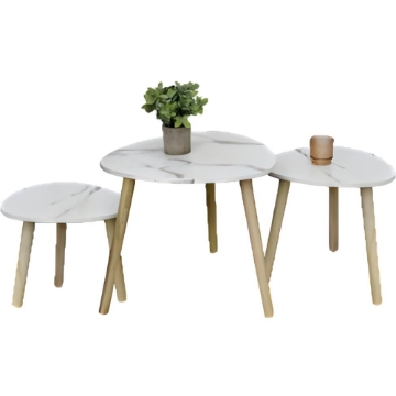 SET DI TRE TAVOLINI CON PIEDI IN LEGNO CHIARO E TOP IN MDF EFFETTO MARMO MISURE: 38X32CM, 48X38CM, 59X49CM