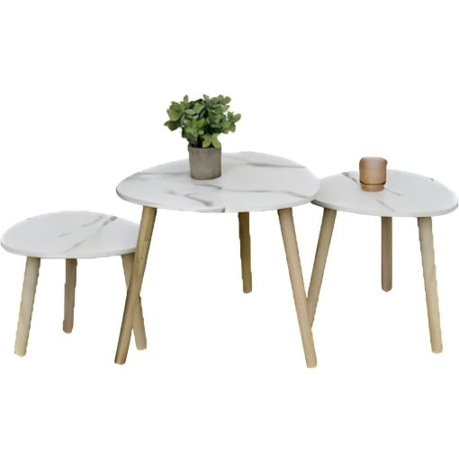 SET DI TRE TAVOLINI CON PIEDI IN LEGNO CHIARO E TOP IN MDF EFFETTO MARMO MISURE: 38X32CM, 48X38CM, 59X49CM