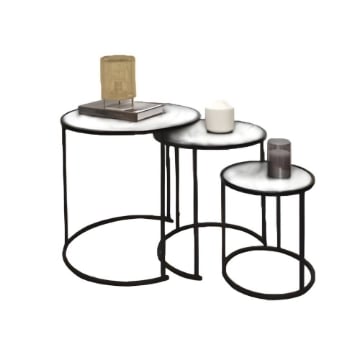 SET DI TRE TAVOLINI OVALI CON STRUTTURA IN METALLO NERO E TOP IN MDF EFFETTO MARMO MISURE: 30X31CM, 40X39CM, 50X46CM