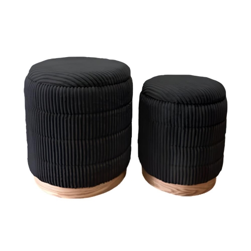 SET 2 POUF CONTENITORI IN VELLUTO NERO E CON DETTAGLIO IN LEGNO MISURE: 44/38H
