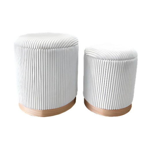 SET 2 POUF CONTENITORI IN VELLUTO BIANCO E CON DETTAGLIO IN LEGNO MISURE: 44/38H