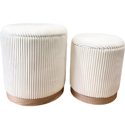 SET 2 POUF CONTENITORI IN VELLUTO BEIGE E CON DETTAGLIO IN LEGNO MISURE: 44/38H