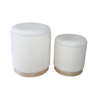 SET 2 POUF CONTENITORI IN TESSUTO BOUCLE' BIANCO E CON DETTAGLIO IN LEGNO MISURE: 44/34H