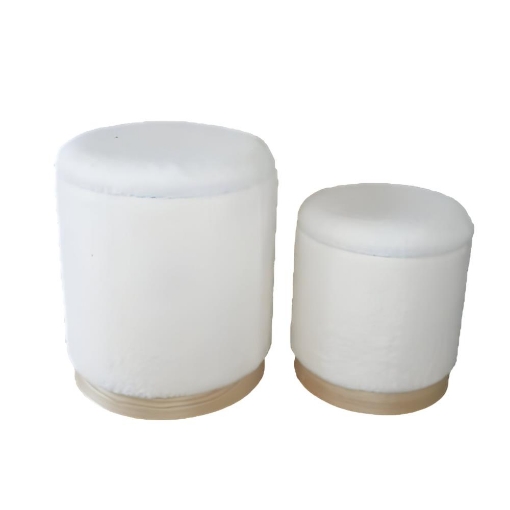 SET 2 POUF CONTENITORI IN TESSUTO BOUCLE' BIANCO E CON DETTAGLIO IN LEGNO MISURE: 44/34H