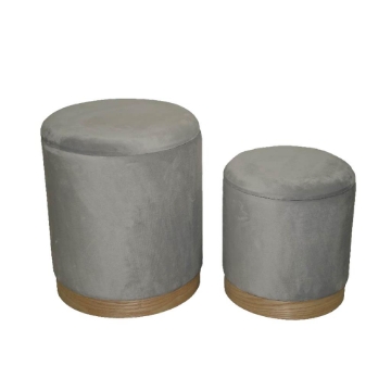SET 2 POUF CONTENITORI IN VELLUTO GRIGIO E CON DETTAGLIO IN LEGNO MISURE: 44/34H