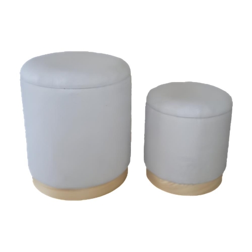 SET 2 POUF CONTENITORI IN TESSUTO BOUCLE' GRIGIO E CON DETTAGLIO IN LEGNO MISURE: 44/34H