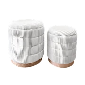 SET 2 POUF CONTENITORI IN VELLUTO BIANCO E CON DETTAGLIO IN LEGNO MISURE: 44/38H