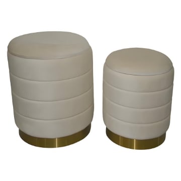 SET 2 POUF CONTENITORI IN VELLUTO BEIGE E CON DETTAGLIO IN METALLO COLOR ORO MISURE: 44/38H