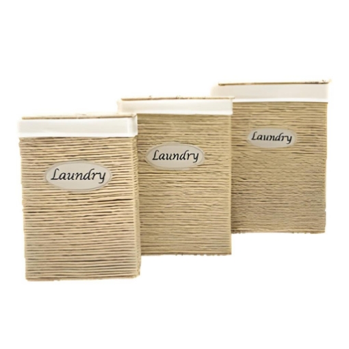 SET DI 3 CESTE PORTA BIANCHERIA RETTANGOLARI IN VIMINI CON SCRITTA SUL DAVANTI LAUNDRY MISURE: 40X30X54CM, 35X25X49CM, 40X20X44CM
