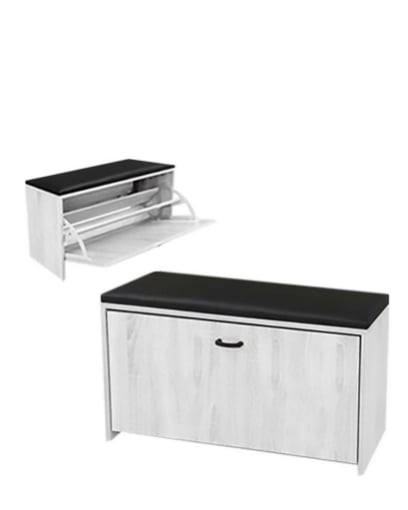SCARPIERA IN MDF COLOR BIANCO LEGNO CON CASSETTO E SEDUTA IN SIMIL PELLE NERA DIMENSONI 60X24X41 CM