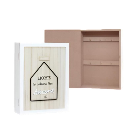 CASETTA PORTA CHIAVI IN LEGNO BIANCO CON DECORO IN RILIEVO CON ANTA E SEI GANCI INTERNI IN METALLO DIMENSIONI 20X6X26 CM