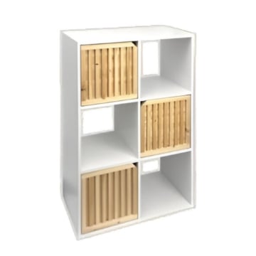 MOBILE CUBICO IN LEGNO CON 6 RIPIANI DI CUI 3 CON ANTE EFFETTO LEGNO E STRUTTURA BIANCA DIMENSIONI 59X29X88 CM