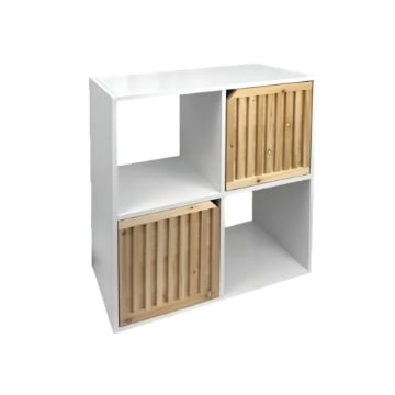 MOBILE CUBICO IN LEGNO CON 4 RIPIANI DI CUI 2 CON ANTE EFFETTO LEGNO E STRUTTURA BIANCA DIMENSIONI 59X29X30 CM