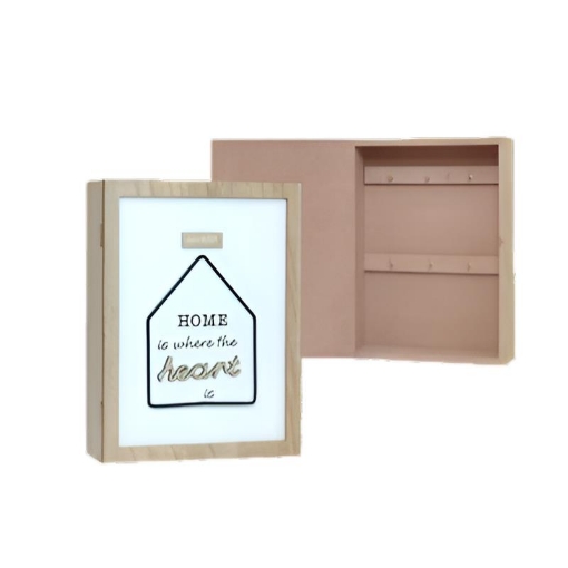 CASETTA PORTA CHIAVI IN LEGNO CON DECORO IN RILIEVO CON ANTA E SEI GANCI INTERNI IN METALLO COLORE ROVERE  DIMENSIONI 20X6X26 CM