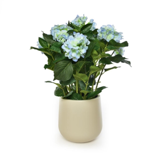FIORE ORTENSIA ARTIFICIALE COLORE BLU CANGIANTE DA ARREDO IN POLIESTERE EFFETTO REAL TOUCH CON VASO IN PLASTICA  -  Ø 26 X H.69 CM OKX 