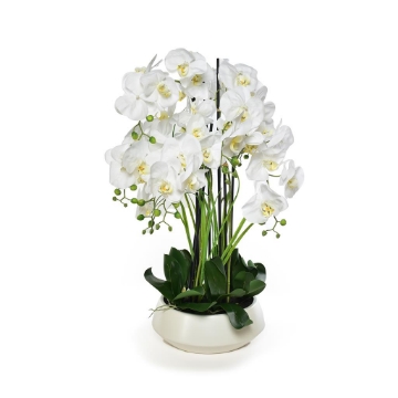 FIORE ORCHIDEA ARTIFICIALE COLORE BIANCO DA ARREDO IN POLIESTERE CON VASO PICCOLO IN CERAMICA BIANCA -  Ø 36 X H.90 CM OKX