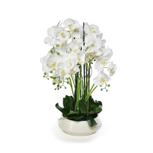 FIORE ORCHIDEA ARTIFICIALE COLORE BIANCO DA ARREDO IN POLIESTERE CON VASO PICCOLO IN CERAMICA BIANCA -  Ø 36 X H.90 CM OKX