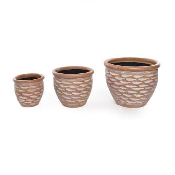 SET 3 DI VASI CACHEPOT REALIZZATI IN CERAMICA COLORE TERRACOTTA CON FOGLIE AVORIO - D.15.2XH.20.3, 20.3X30.5, 25.4X38 D.38XH.25.4CM OKX