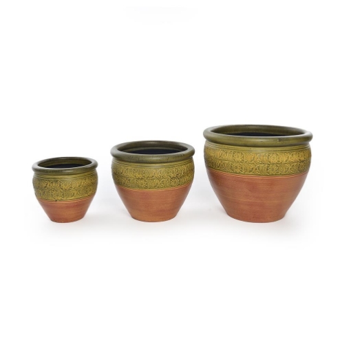 SET 3 DI VASI CACHEPOT REALIZZATI IN CERAMICA BICOLORE CON ORNAMENTI FLOREALI - D.15.2XH.20.3, 20.3X30.5, 25.4X38 D.38XH.25.4CM OKX