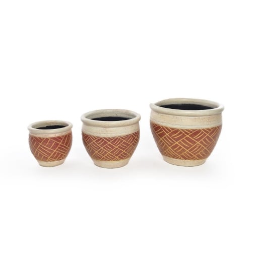 SET 3 DI VASI CACHEPOT REALIZZATI IN CERAMICA BICOLORE EFFETTO GRAFFI - D.15.2XH.20.3, 20.3X30.5, 25.4X38 D.38XH.25.4CM OKX