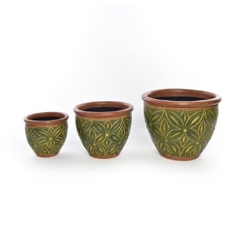 SET 3 DI VASI CACHEPOT REALIZZATI IN CERAMICA COLORE VERDE  EFFETTO FLOREALE - D.15.2XH.20.3, 20.3X30.5, 25.4X38 D.38XH.25.4CM OKX