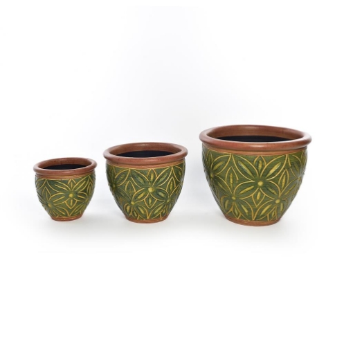 SET 3 DI VASI CACHEPOT REALIZZATI IN CERAMICA COLORE VERDE  EFFETTO FLOREALE - D.15.2XH.20.3, 20.3X30.5, 25.4X38 D.38XH.25.4CM OKX