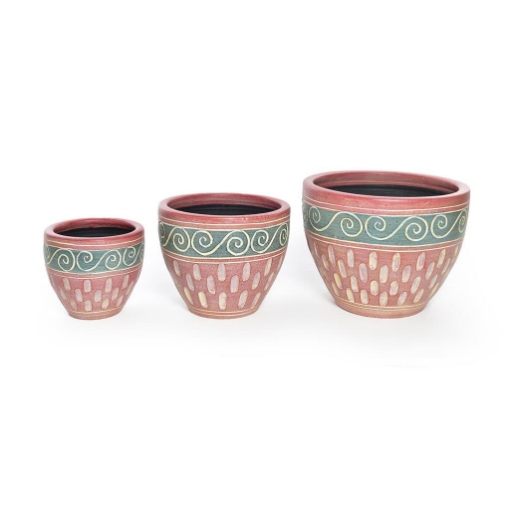 SET 3 DI VASI CACHEPOT REALIZZATI IN CERAMICA ROSA CON FASCIA SUPERIORE CELESTE CON OVALI E ORNAMENTI  DIMENSIONI D.15.2 X H.20.3, 20.3 X 30.5, 25.4 X 38 D.38 X H.25.4 CM OKX
