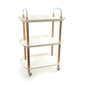 CARRELLO 3 RIPIANI STRUTTURA IN LEGNO PIANI IN PLASTICA BIANCA RESISTENTE CON RUOTE PER SPOSTAMENTO - H.82 X 57 X 36 CM OKX